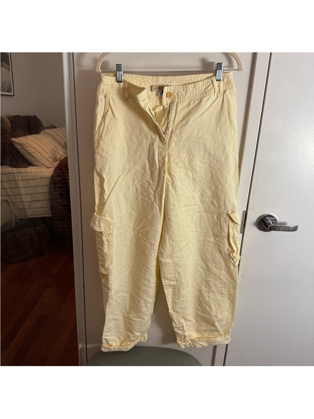 See By Chloe Pale Yellow Corduroy Cargo Pants | Tapered | Size 10